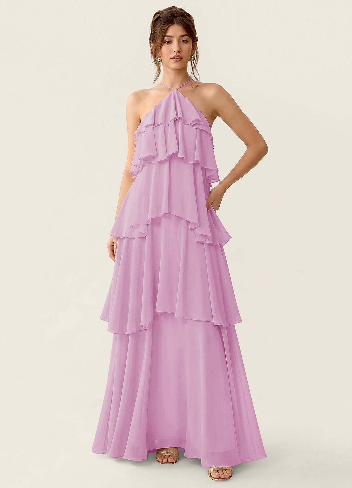 Nevieve A-Line Halter Chiffon Prom Dress in candy pink