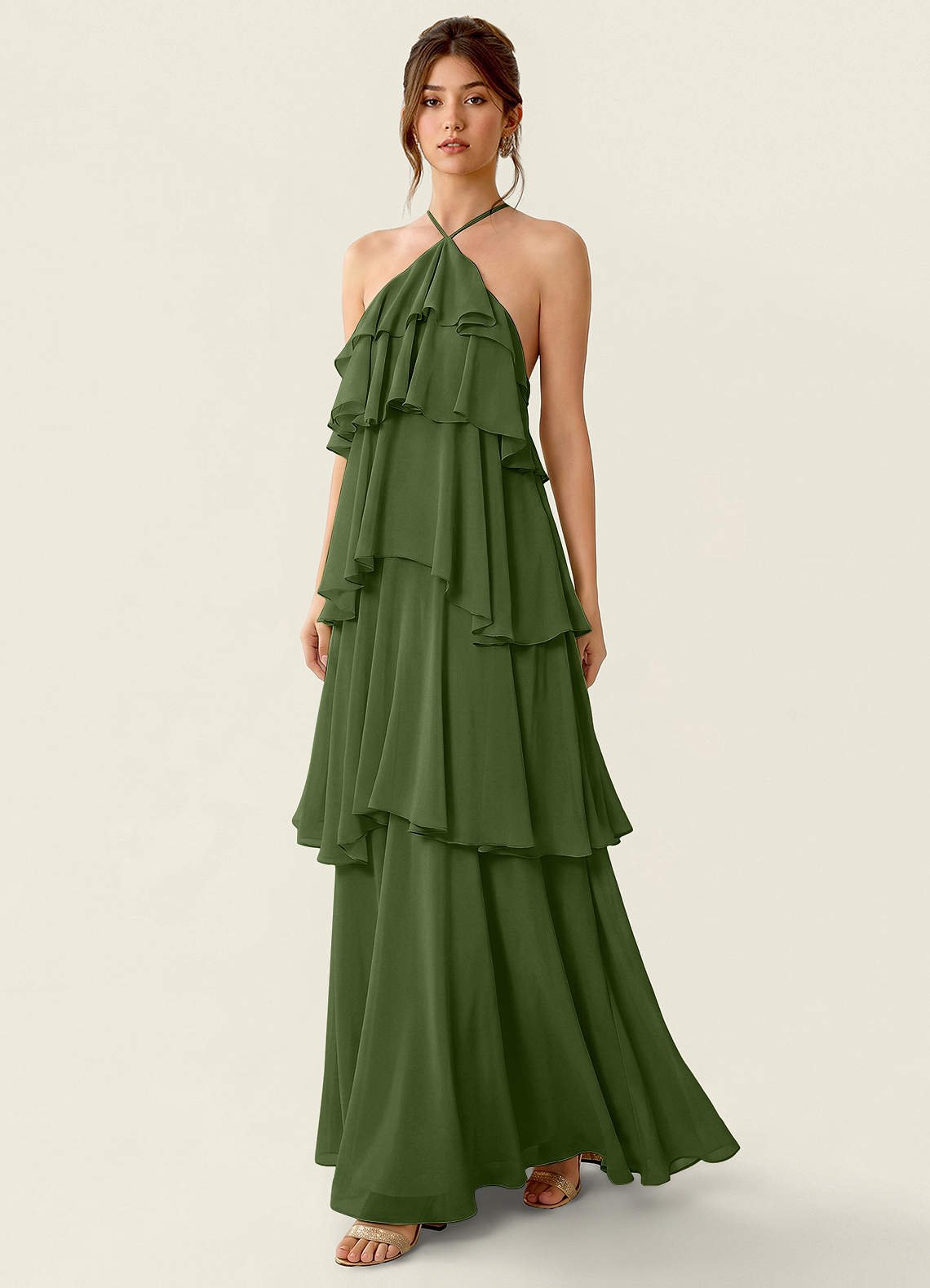 Nevieve A-Line Halter Chiffon Prom Dress in Olive