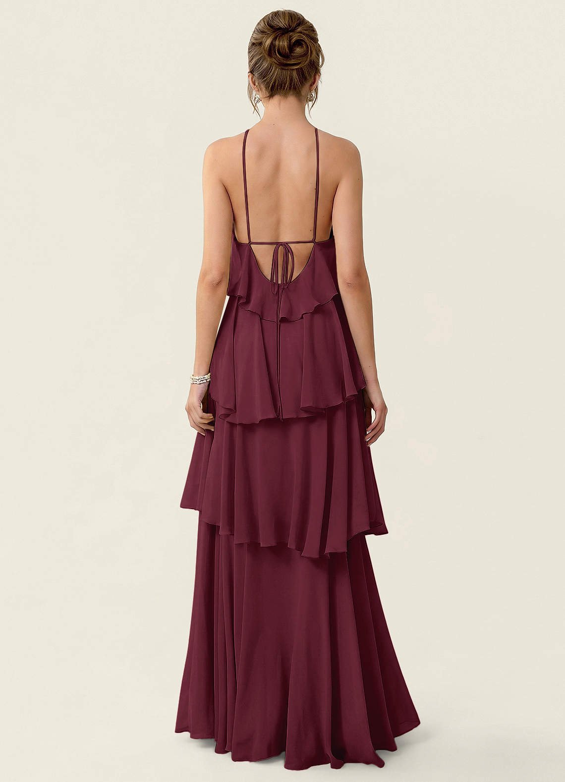 Nevieve A-Line Halter Chiffon Prom Dress in Cabernet