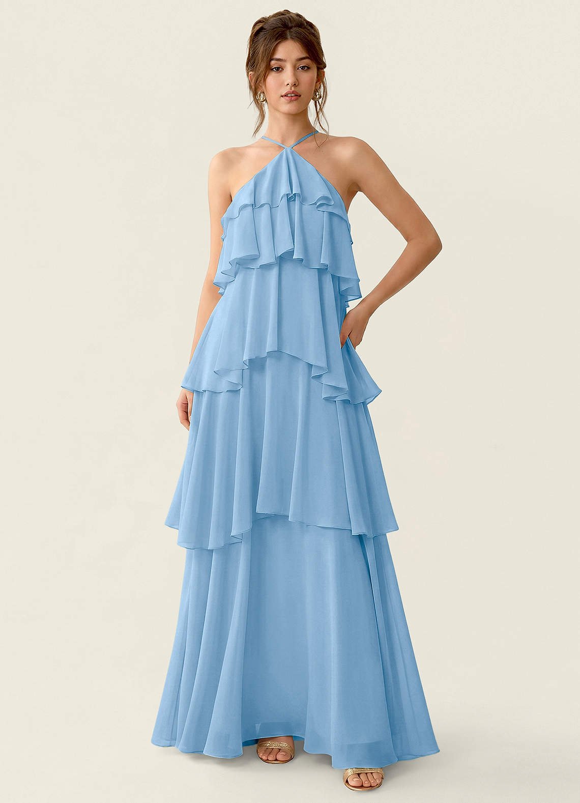 Nevieve A-Line Halter Chiffon Prom Dress in Powder Blue