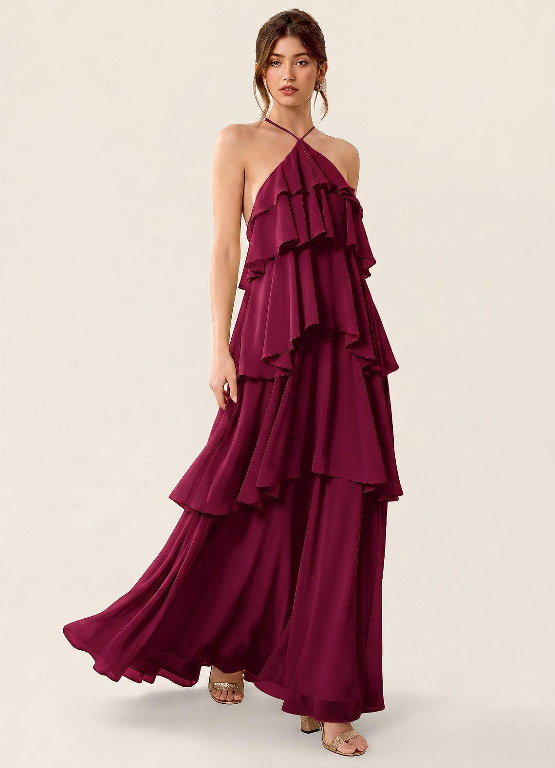 Nevieve A-Line Halter Chiffon Prom Dress in candy pink