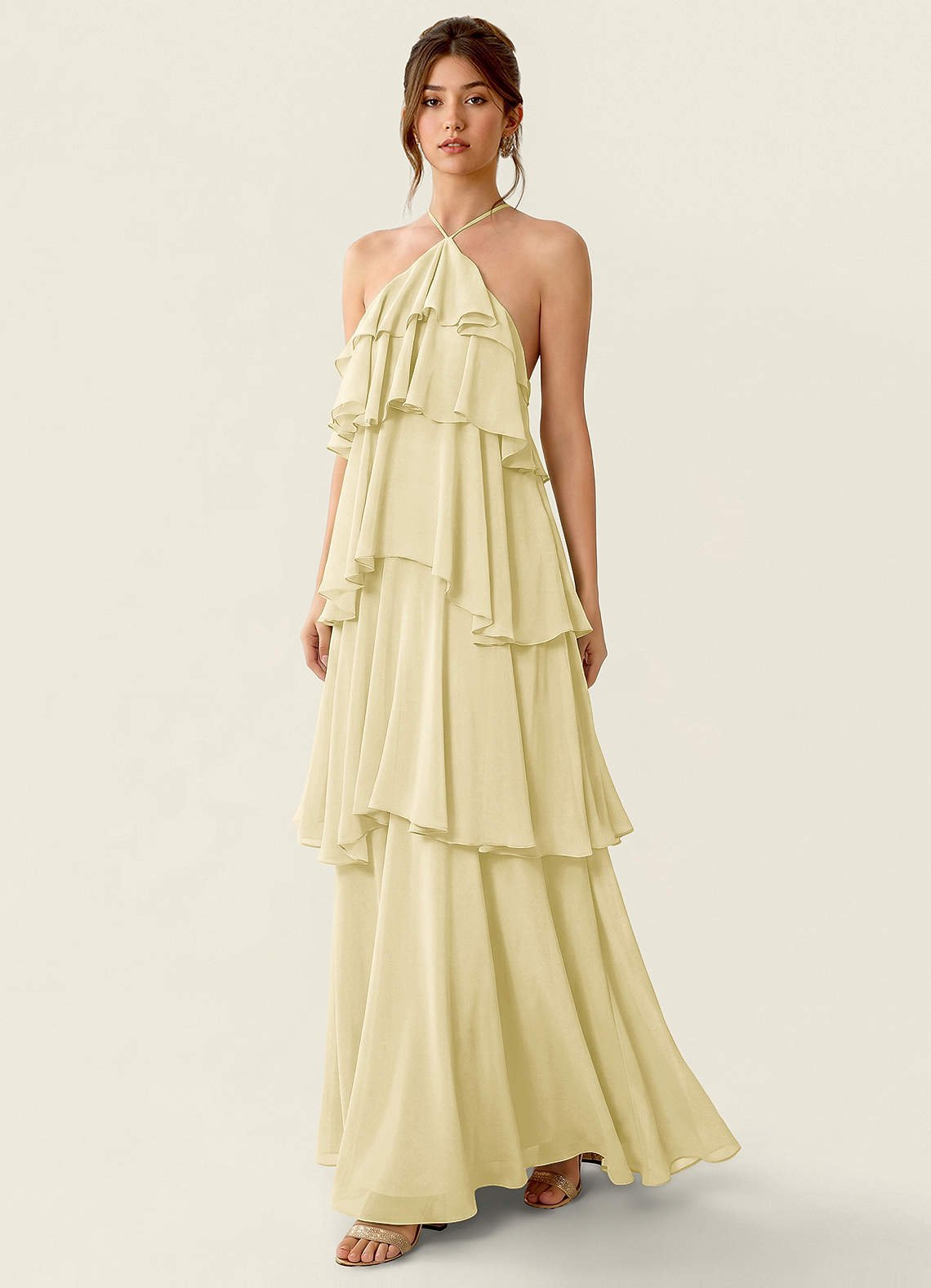 Nevieve A-Line Halter Chiffon Prom Dress in Lemon Sorbet