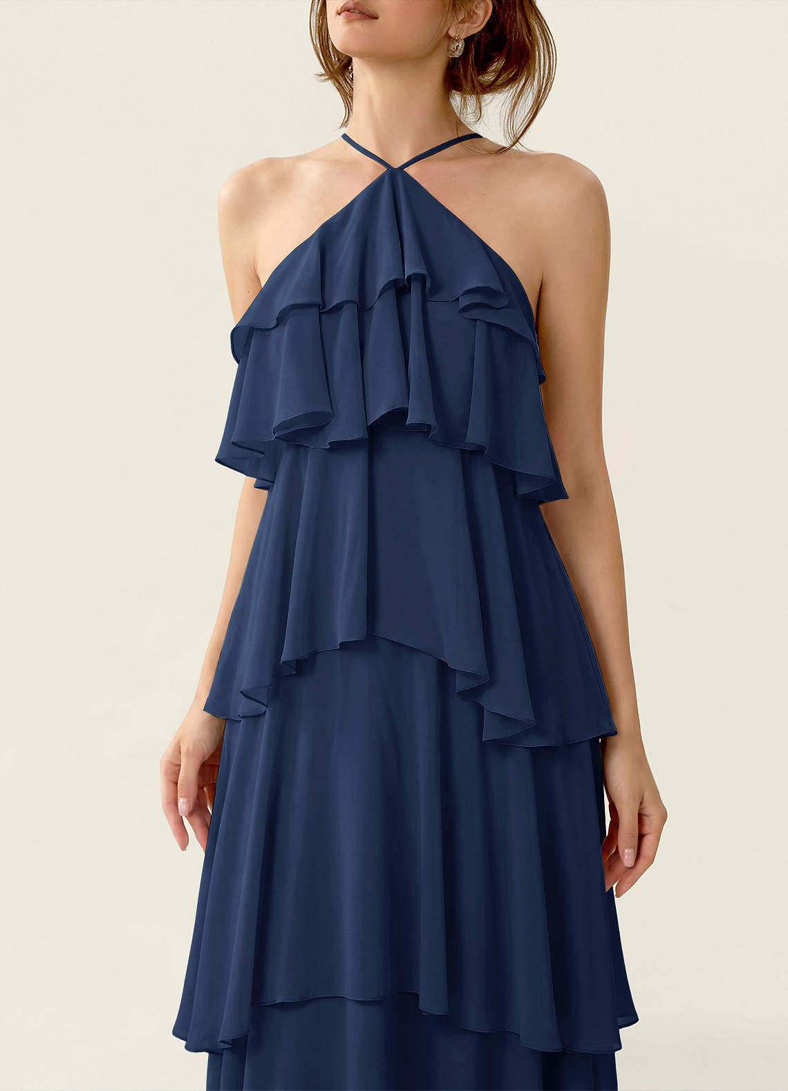 Nevieve A-Line Halter Chiffon Prom Dress in Dark Navy