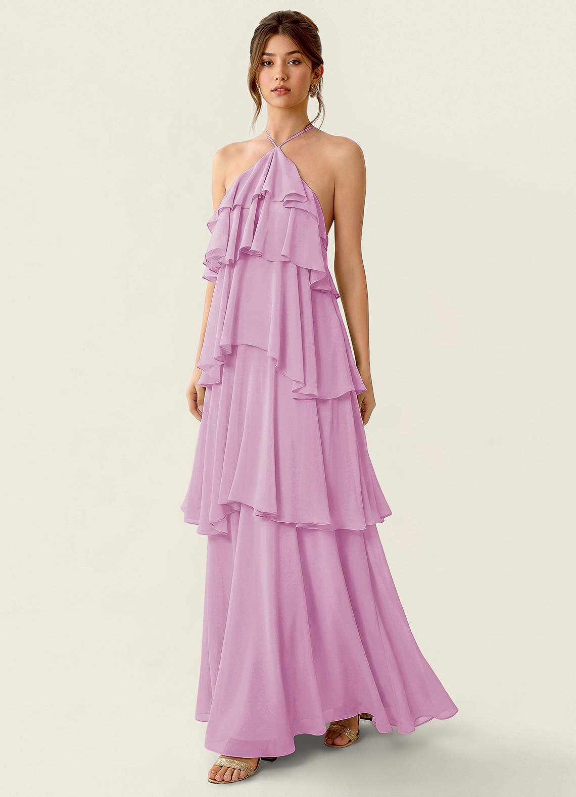 Nevieve A-Line Halter Chiffon Prom Dress in candy pink