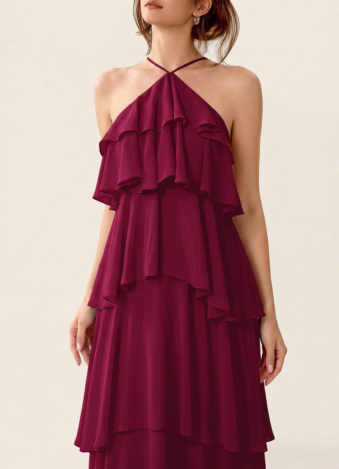 Nevieve A-Line Halter Chiffon Prom Dress in Burgundy