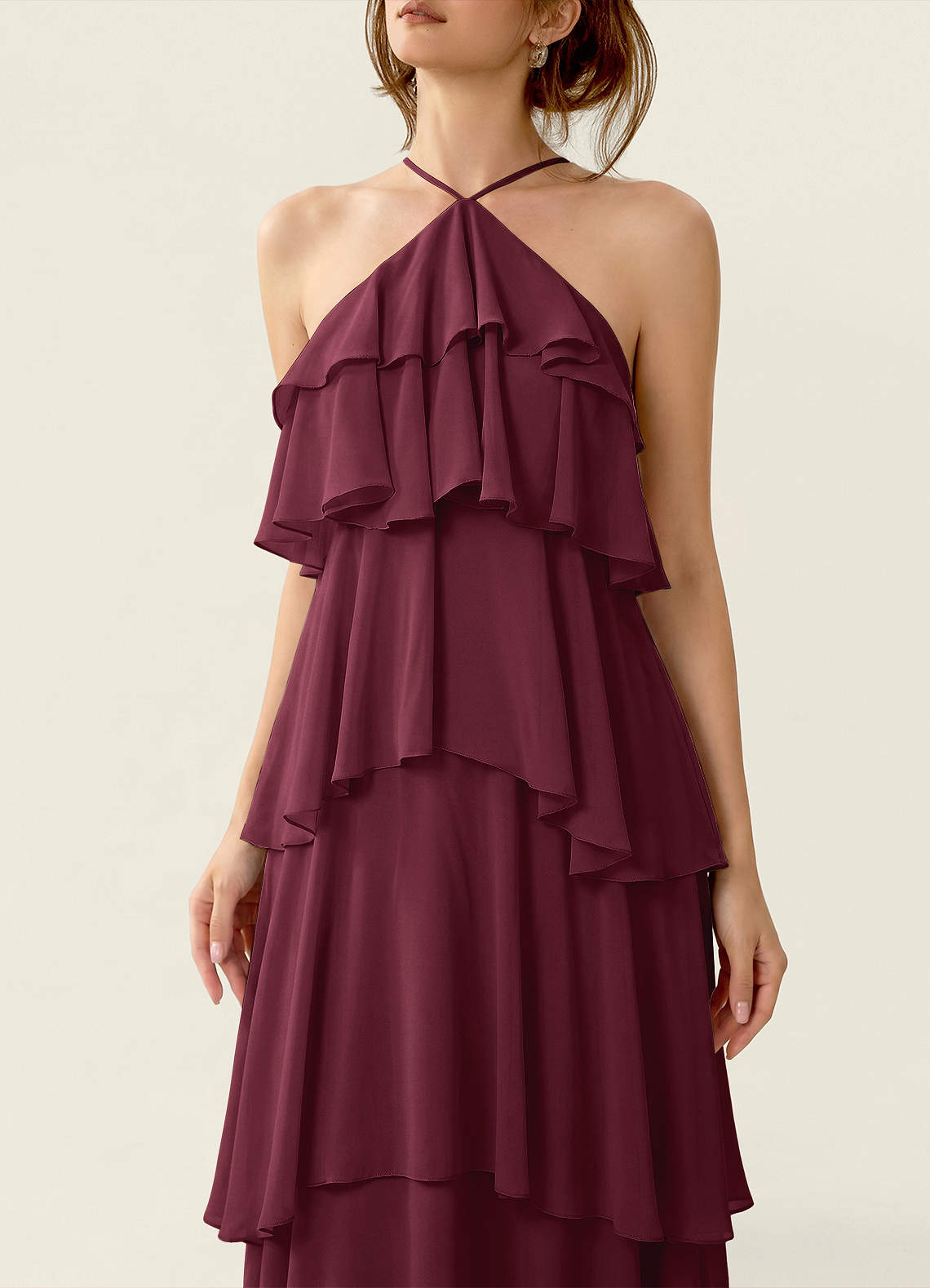 Nevieve A-Line Halter Chiffon Prom Dress in Cabernet
