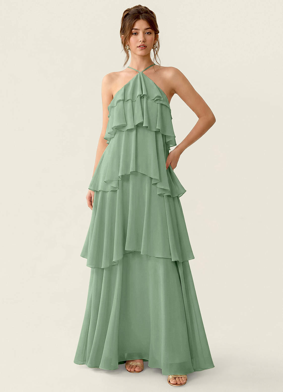Nevieve A-Line Halter Chiffon Prom Dress in matcha