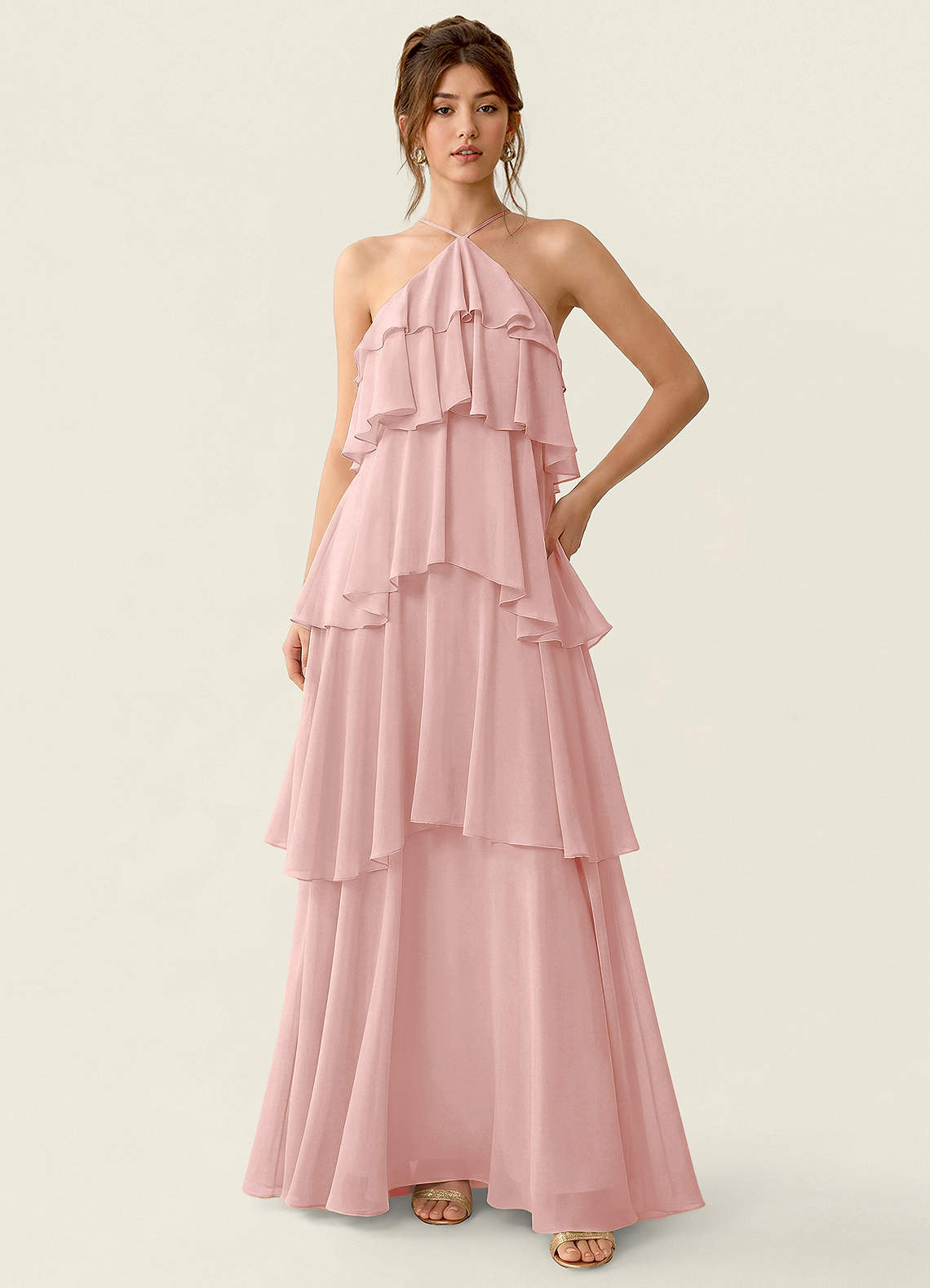 Nevieve A-Line Halter Chiffon Prom Dress in Powder Pink