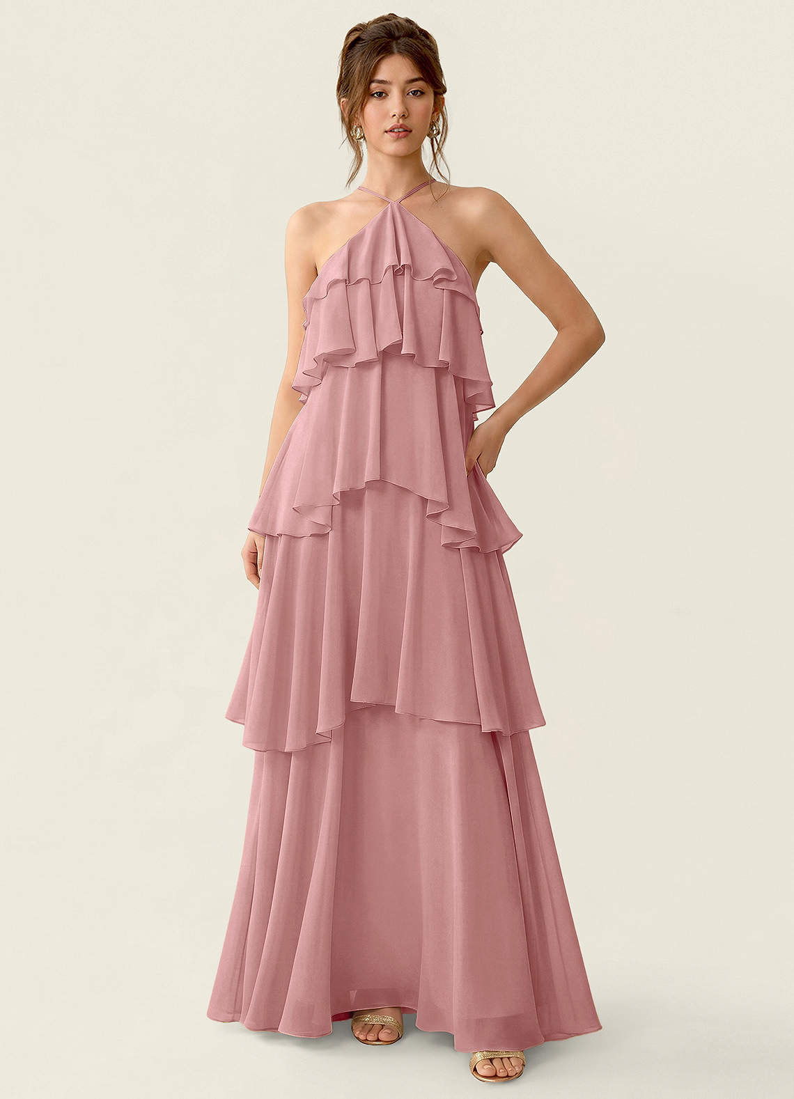 Nevieve A-Line Halter Chiffon Prom Dress in Dusty Rose