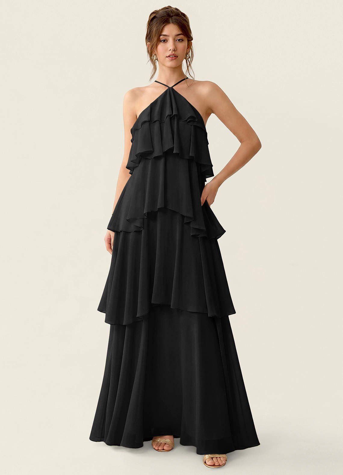 Nevieve A-Line Halter Chiffon Prom Dress in black