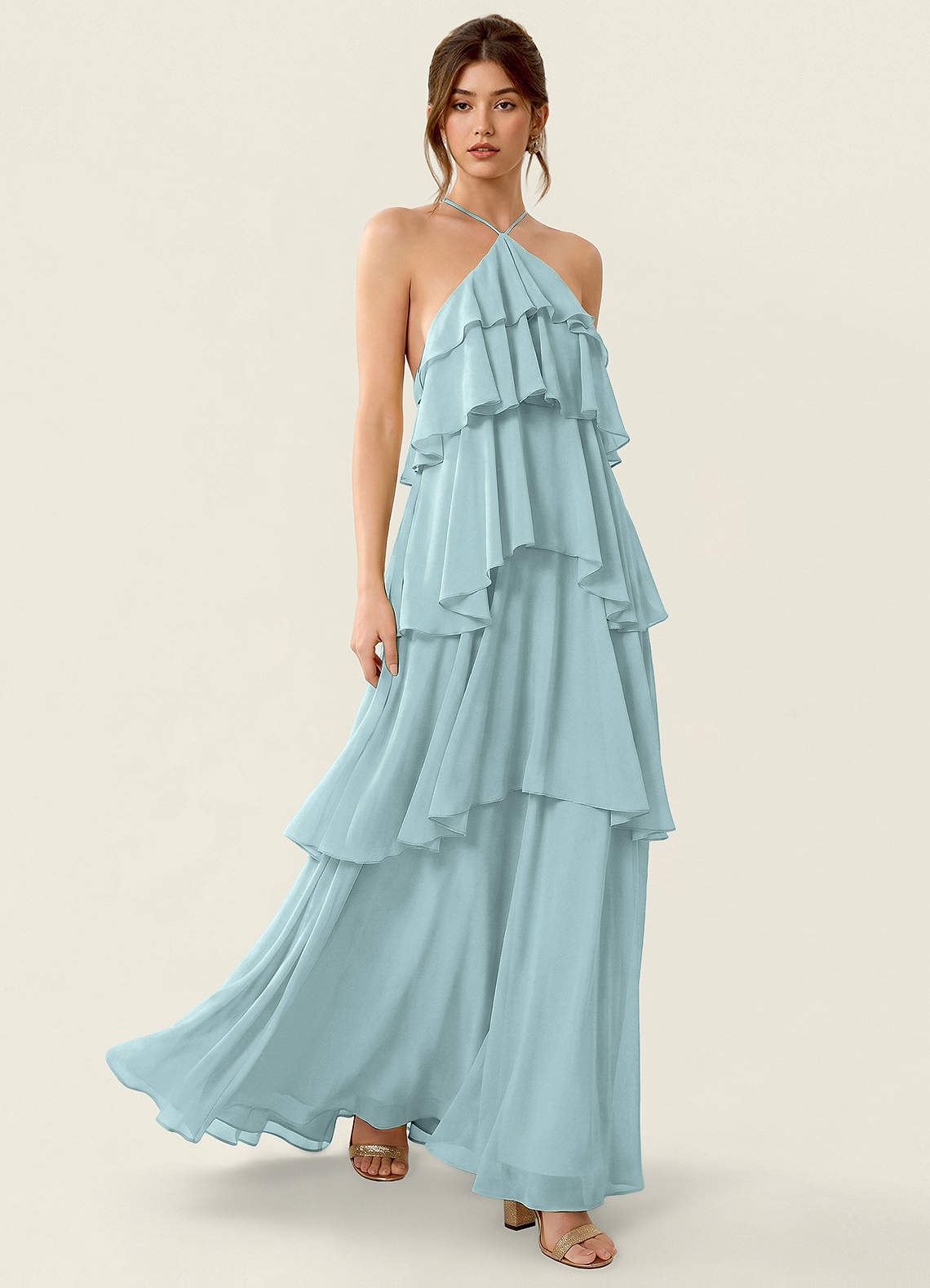 Nevieve A-Line Halter Chiffon Prom Dress in candy pink