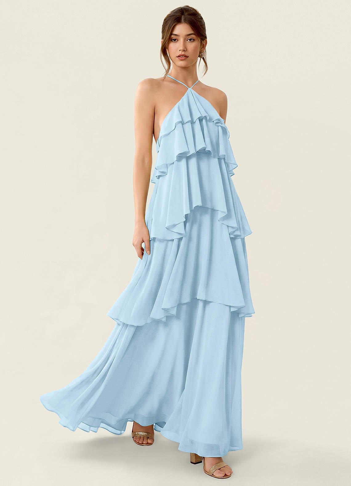 Nevieve A-Line Halter Chiffon Prom Dress in candy pink