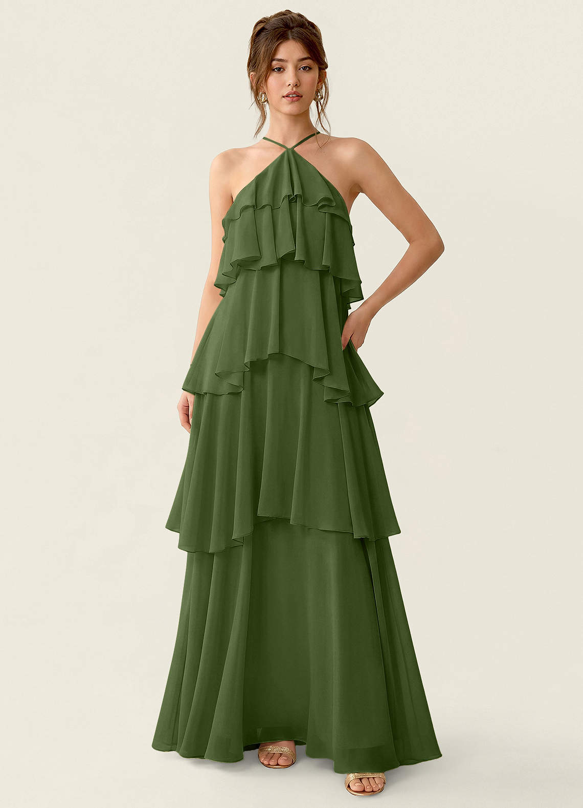 Nevieve A-Line Halter Chiffon Prom Dress in Olive