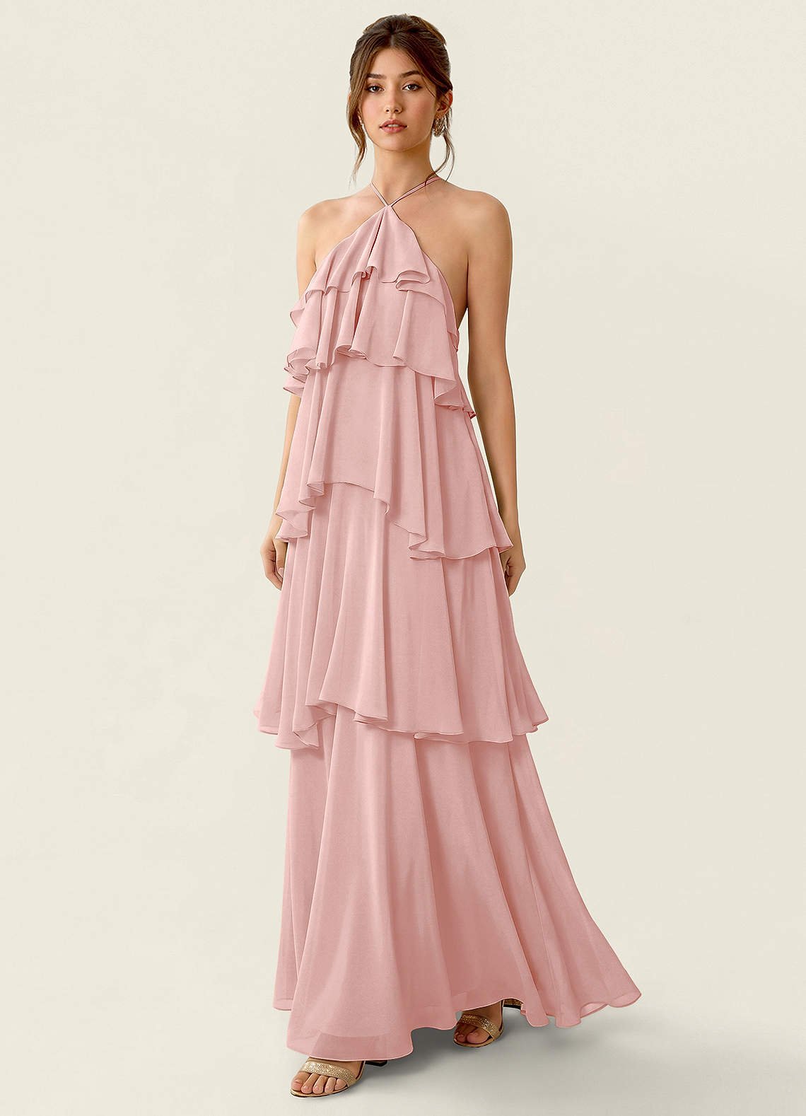 Nevieve A-Line Halter Chiffon Prom Dress in Powder Pink