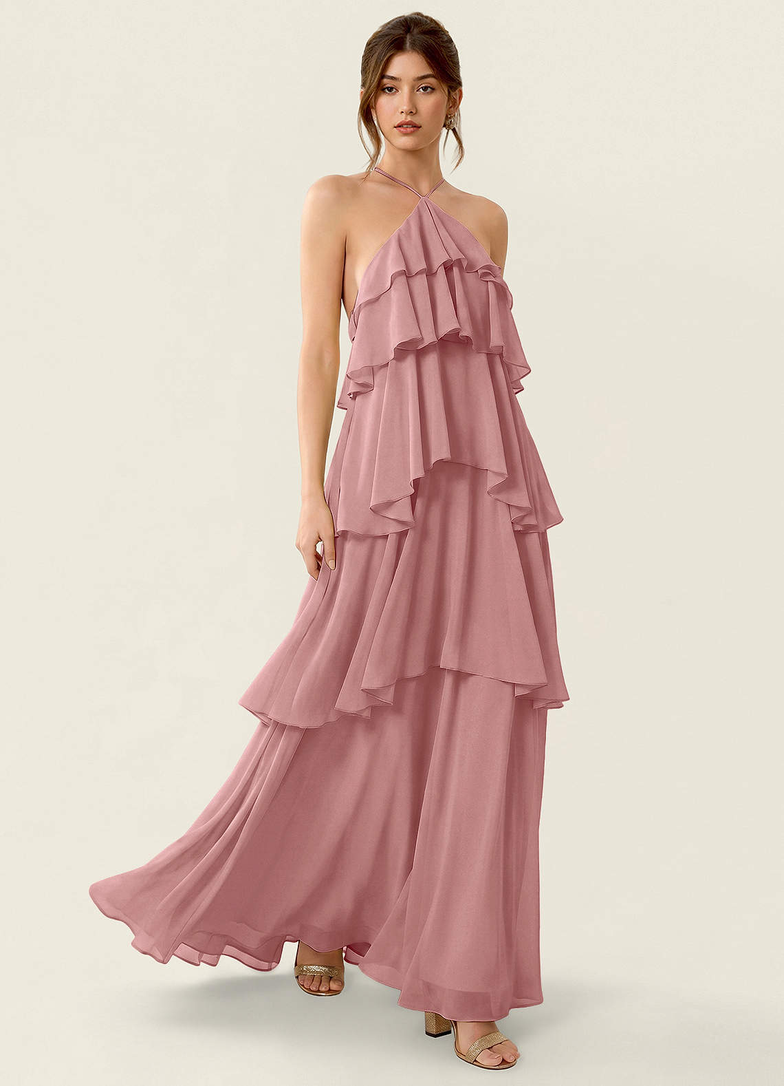 Nevieve A-Line Halter Chiffon Prom Dress in candy pink