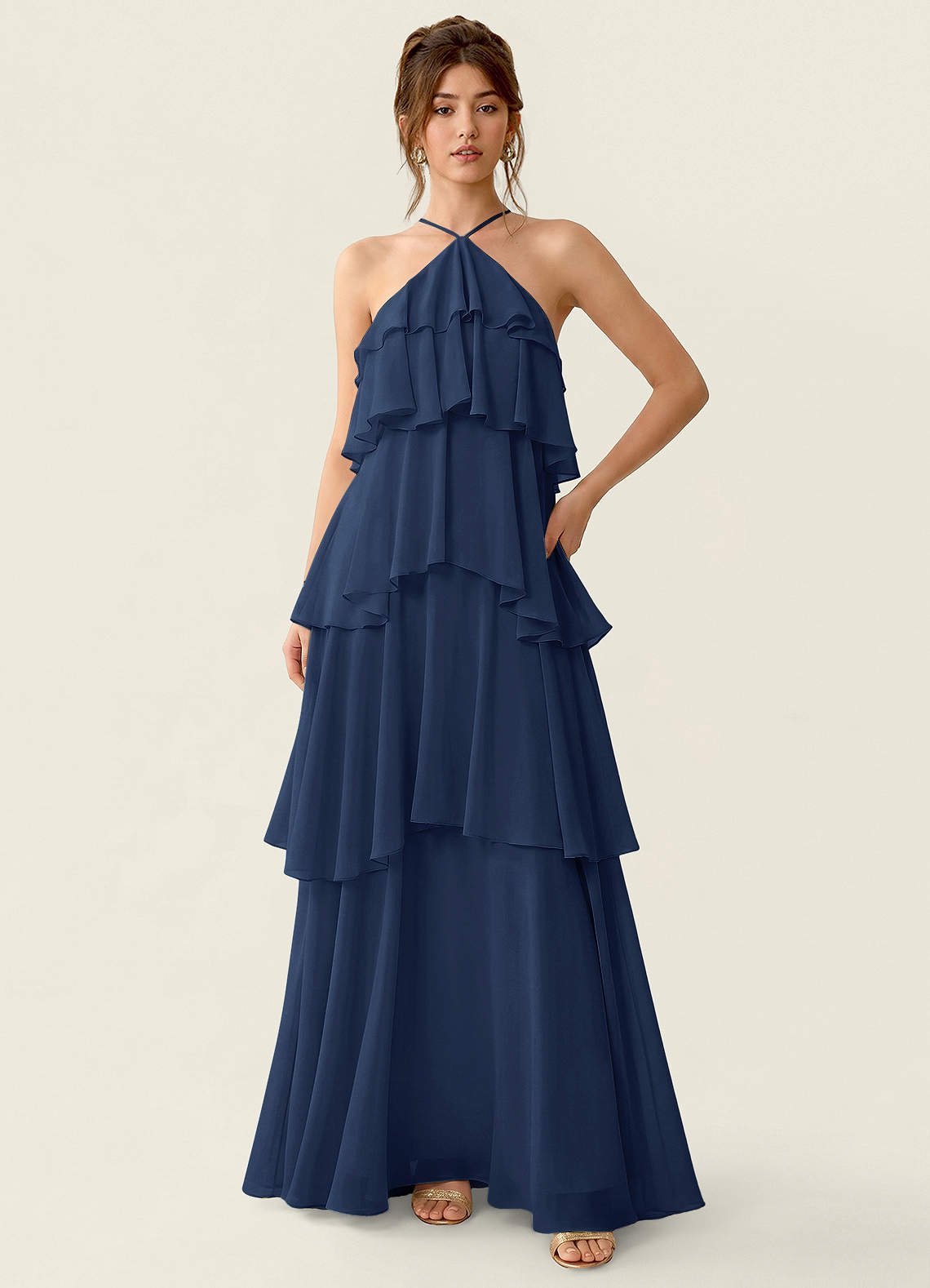 Nevieve A-Line Halter Chiffon Prom Dress in Dark Navy