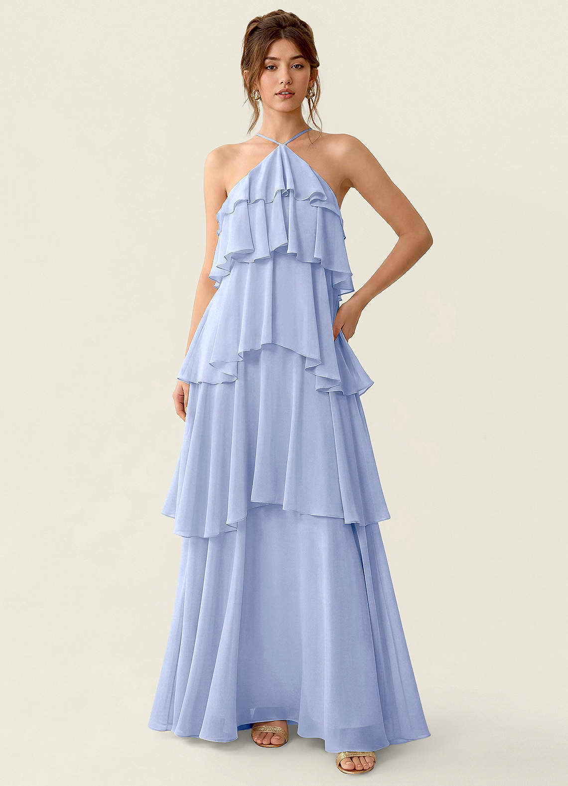 Nevieve A-Line Halter Chiffon Prom Dress in Ice