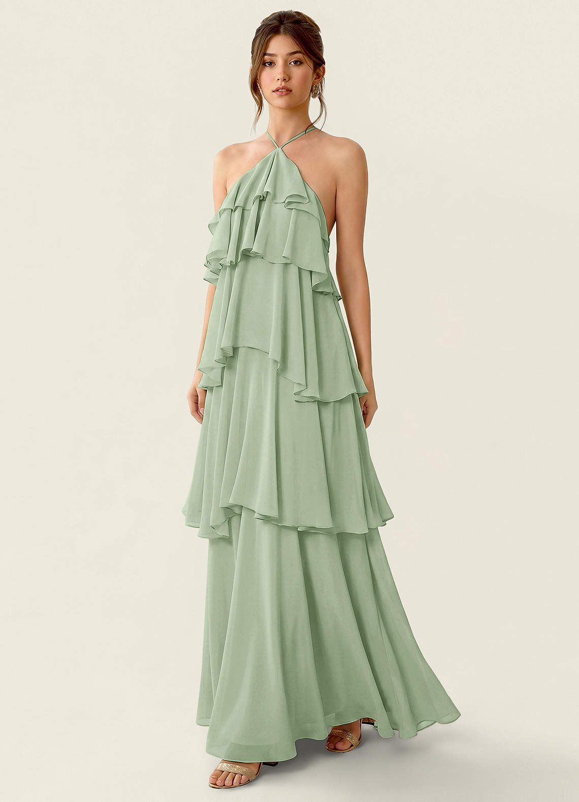 Nevieve A-Line Halter Chiffon Prom Dress in Dusty Sage
