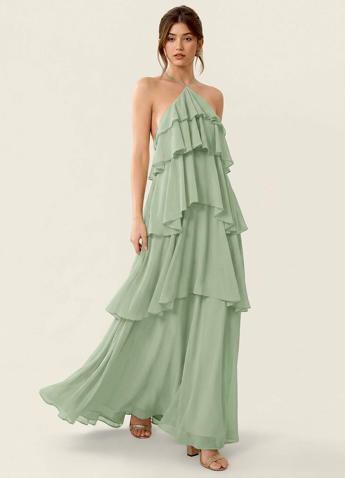 Nevieve A-Line Halter Chiffon Prom Dress in candy pink