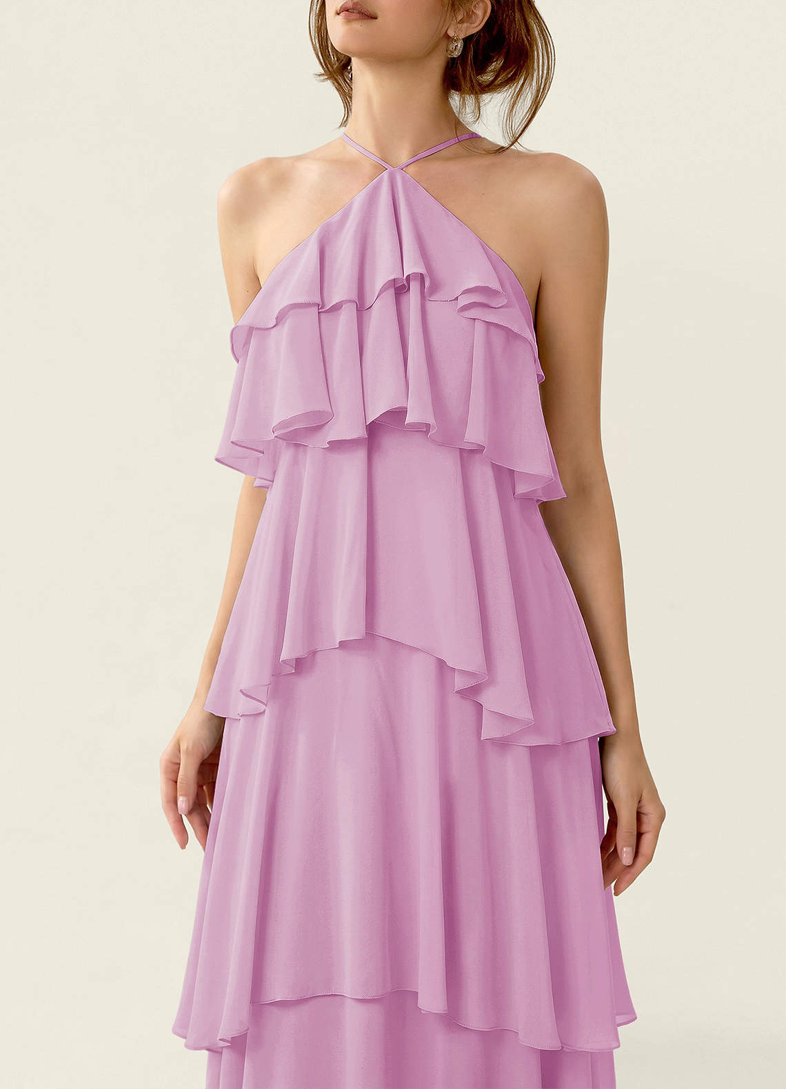 Nevieve A-Line Halter Chiffon Prom Dress in candy pink