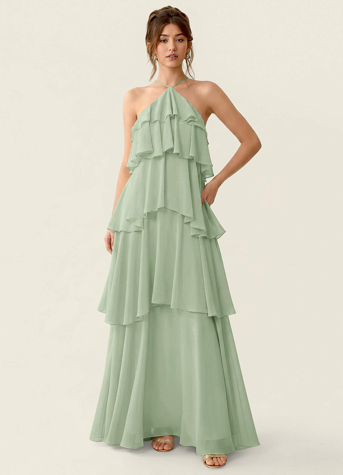 Nevieve A-Line Halter Chiffon Prom Dress in Dusty Sage