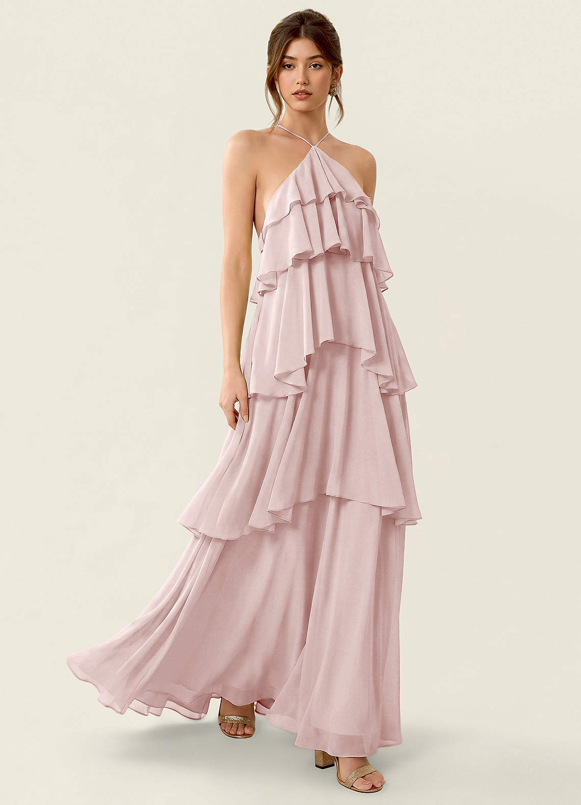 Nevieve A-Line Halter Chiffon Prom Dress in candy pink