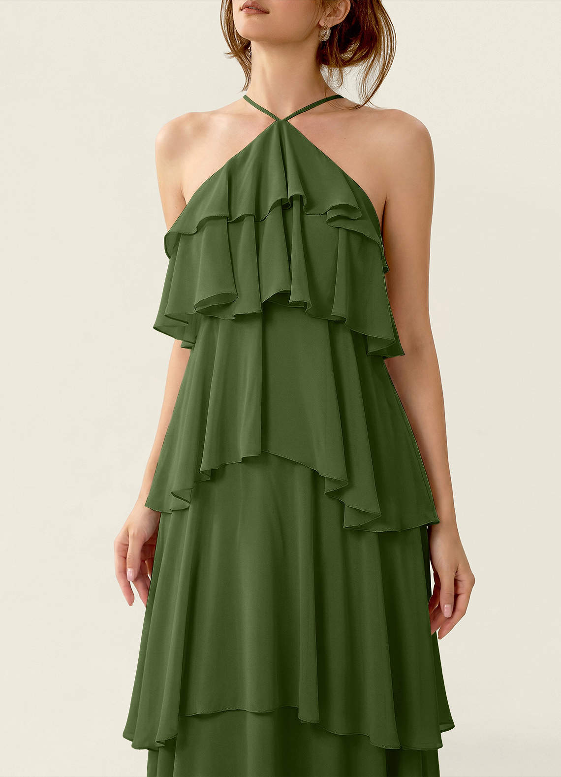 Nevieve A-Line Halter Chiffon Prom Dress in Olive