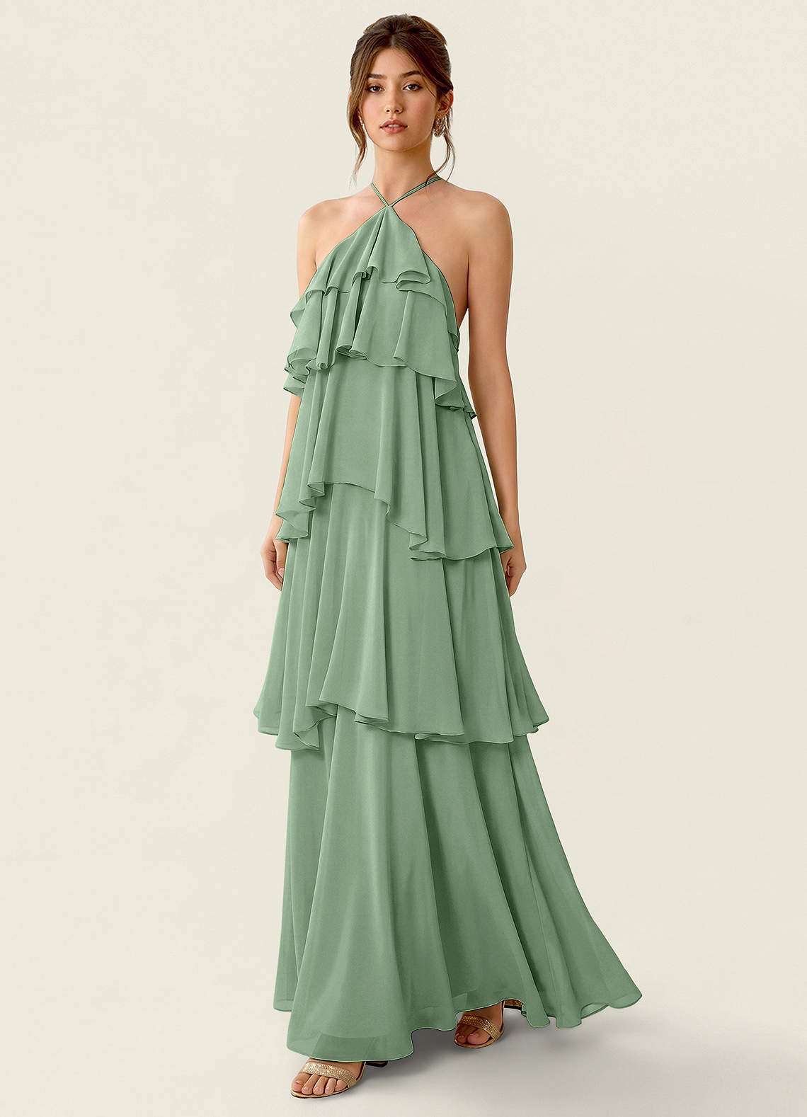 Nevieve A-Line Halter Chiffon Prom Dress in matcha
