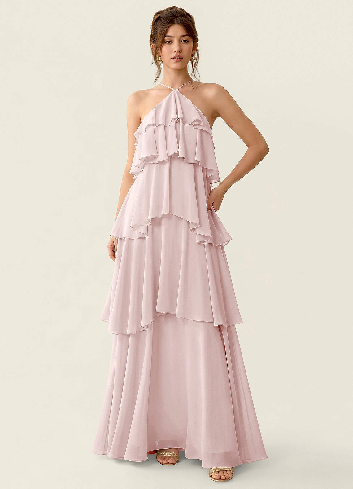 Nevieve A-Line Halter Chiffon Prom Dress in Blushing Pink