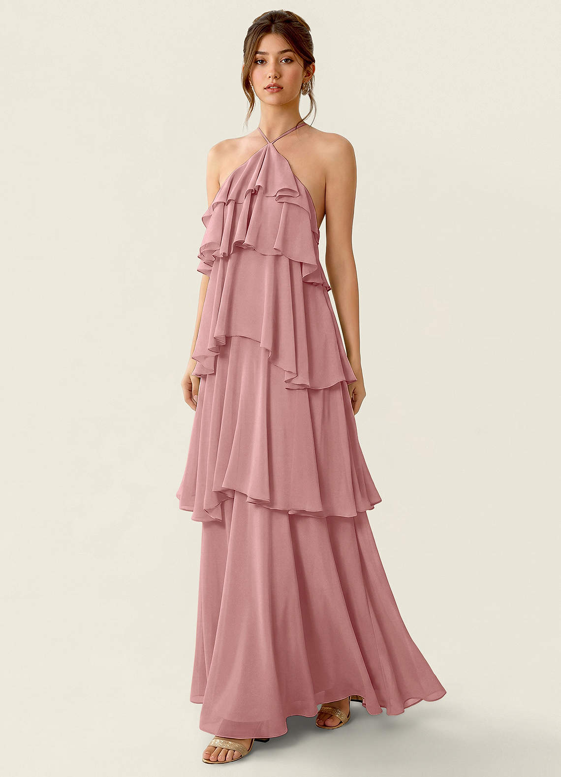 Nevieve A-Line Halter Chiffon Prom Dress in Dusty Rose