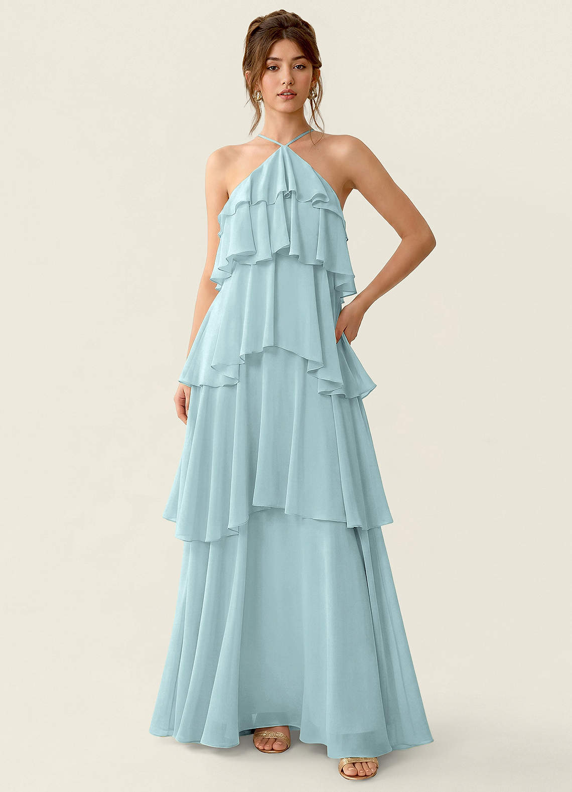 Nevieve A-Line Halter Chiffon Prom Dress in Mist