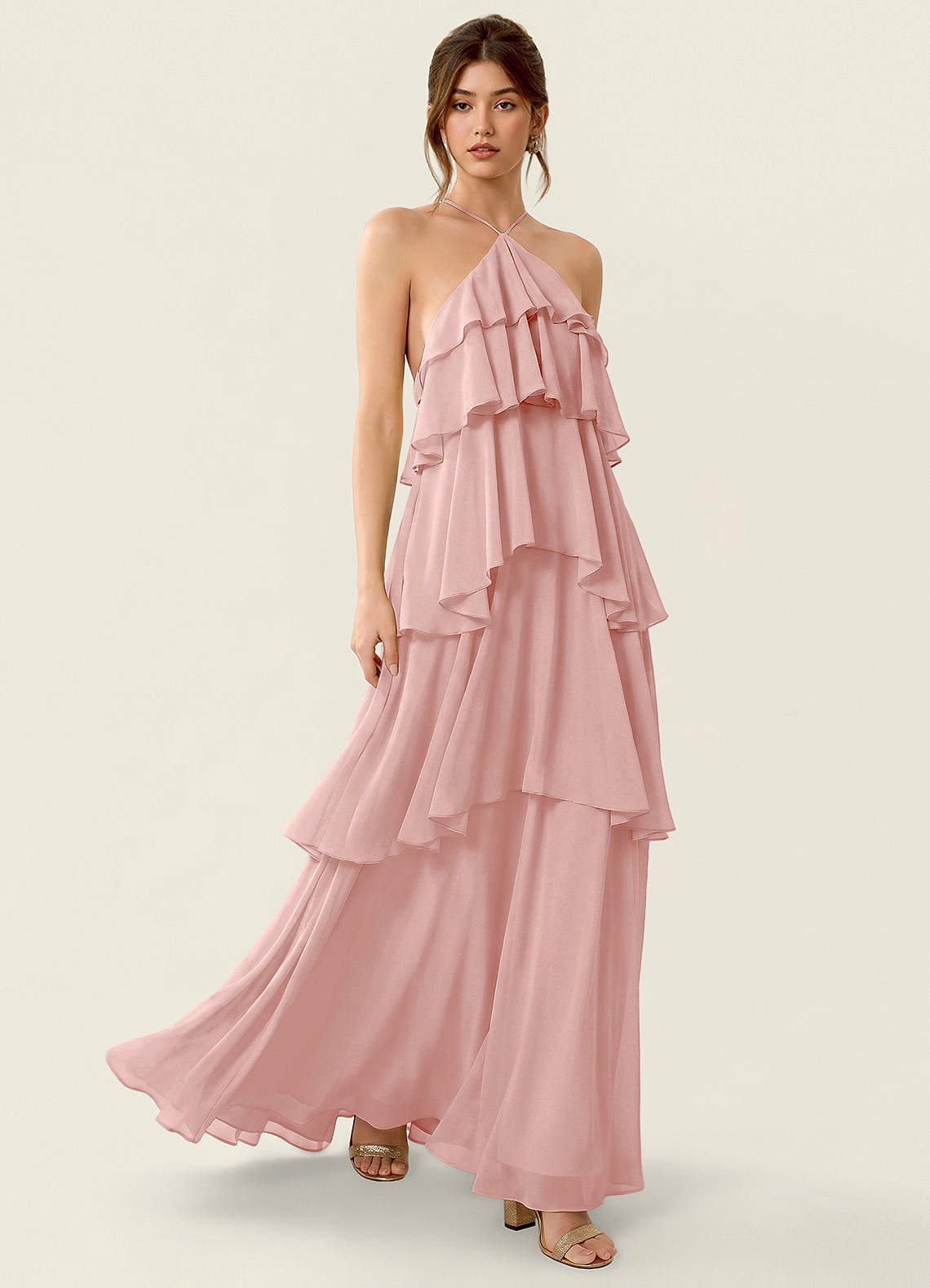 Nevieve A-Line Halter Chiffon Prom Dress in candy pink