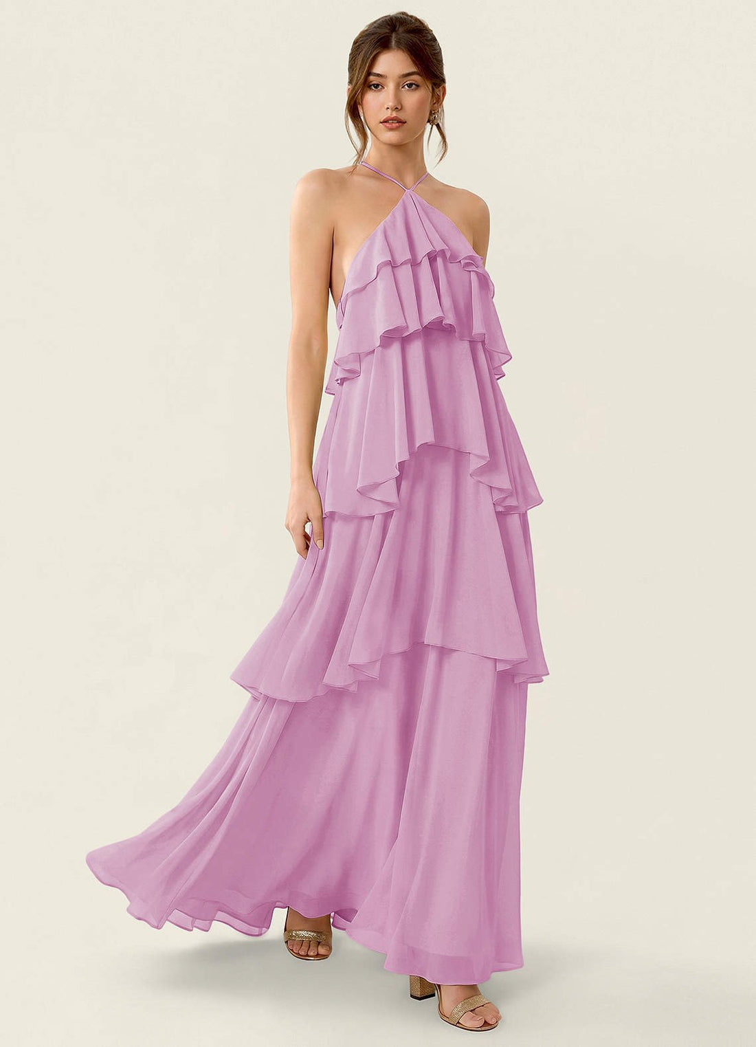 Nevieve A-Line Halter Chiffon Prom Dress in candy pink