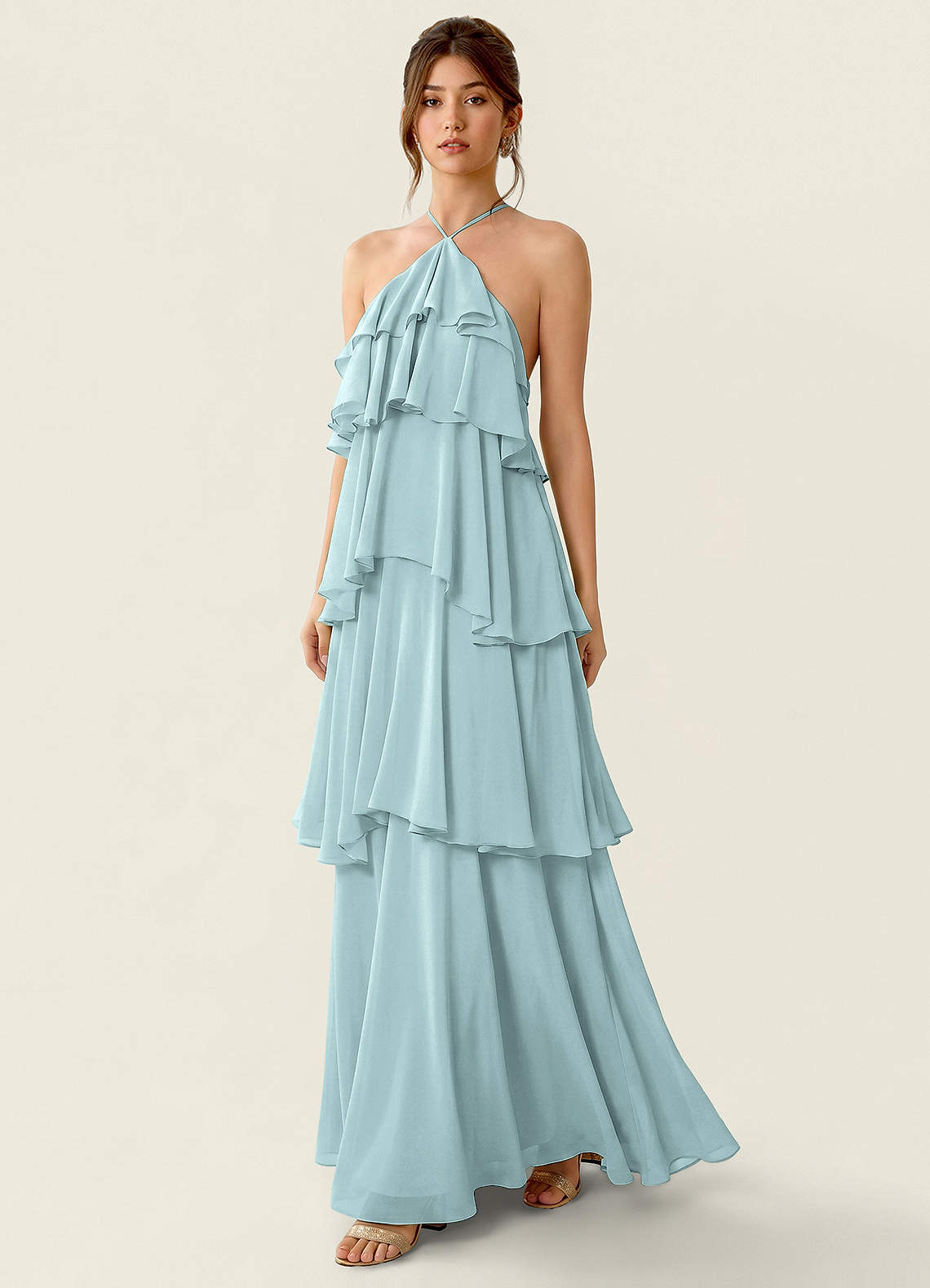 Nevieve A-Line Halter Chiffon Prom Dress in Mist