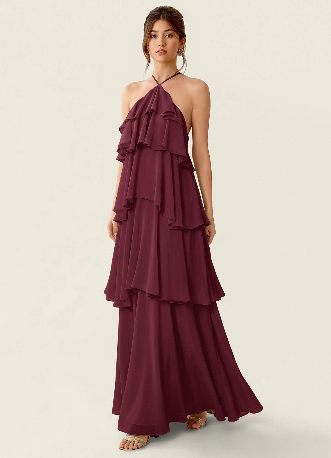 Nevieve A-Line Halter Chiffon Prom Dress in Cabernet