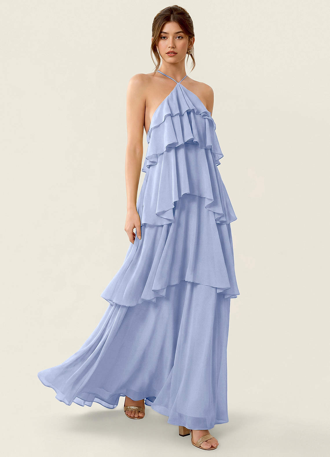 Nevieve A-Line Halter Chiffon Prom Dress in candy pink