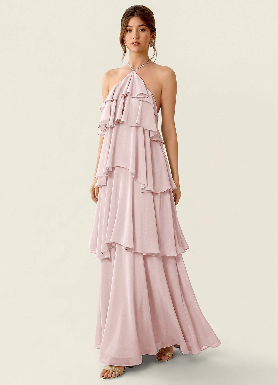 Nevieve A-Line Halter Chiffon Prom Dress in Blushing Pink
