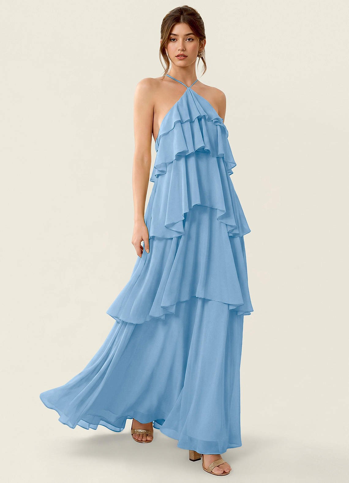 Nevieve A-Line Halter Chiffon Prom Dress in candy pink