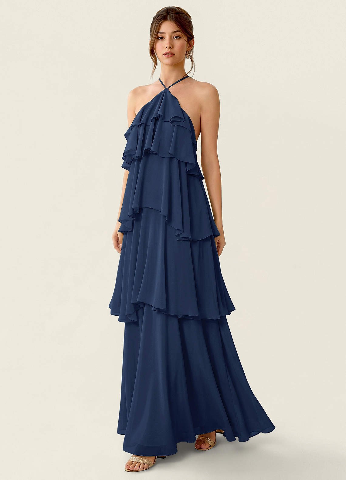 Nevieve A-Line Halter Chiffon Prom Dress in Dark Navy
