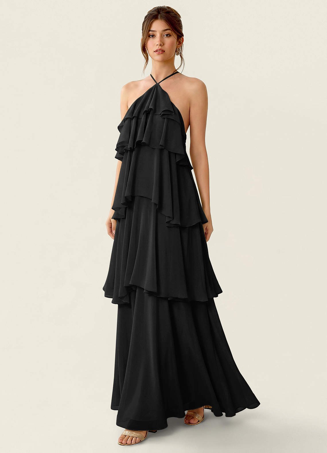 Nevieve A-Line Halter Chiffon Prom Dress in black