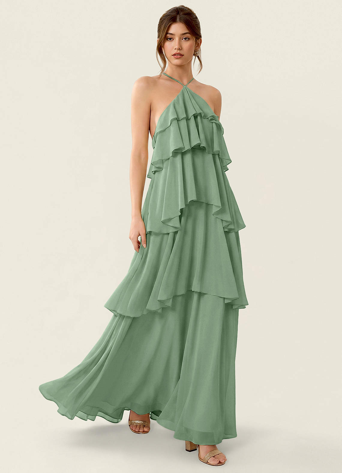 Nevieve A-Line Halter Chiffon Prom Dress in candy pink