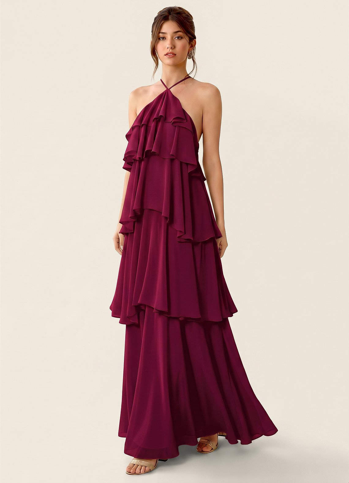Nevieve A-Line Halter Chiffon Prom Dress in Burgundy