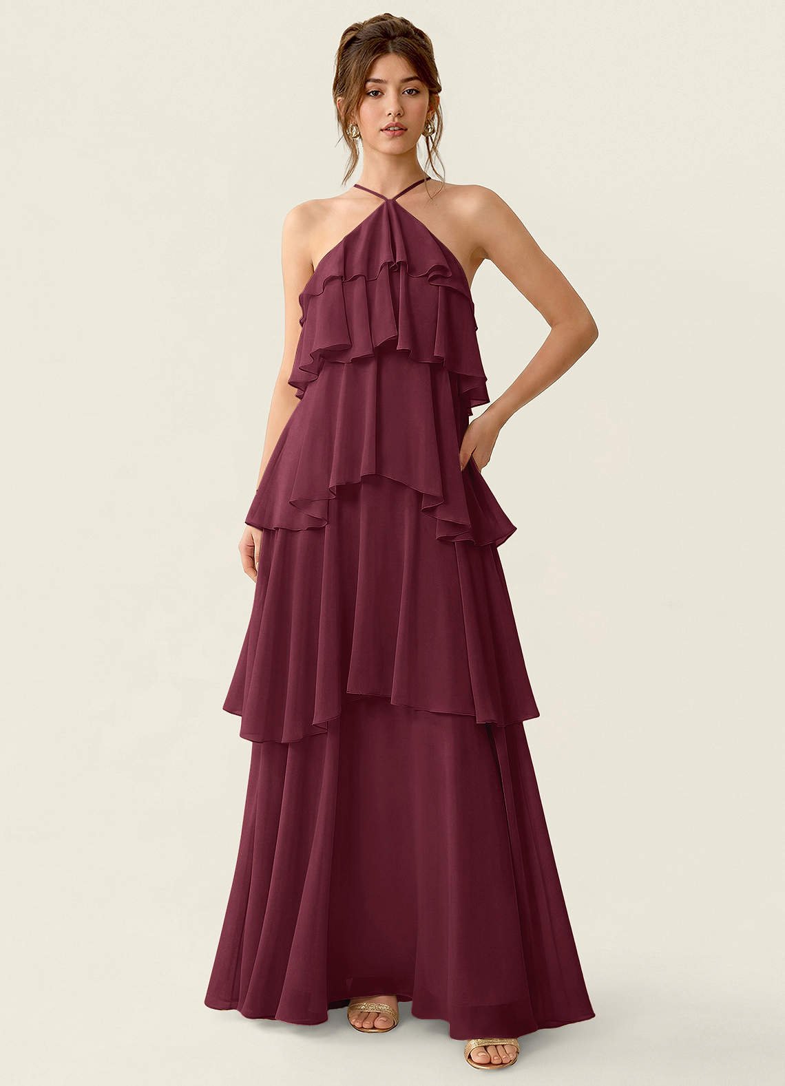 Nevieve A-Line Halter Chiffon Prom Dress in Cabernet