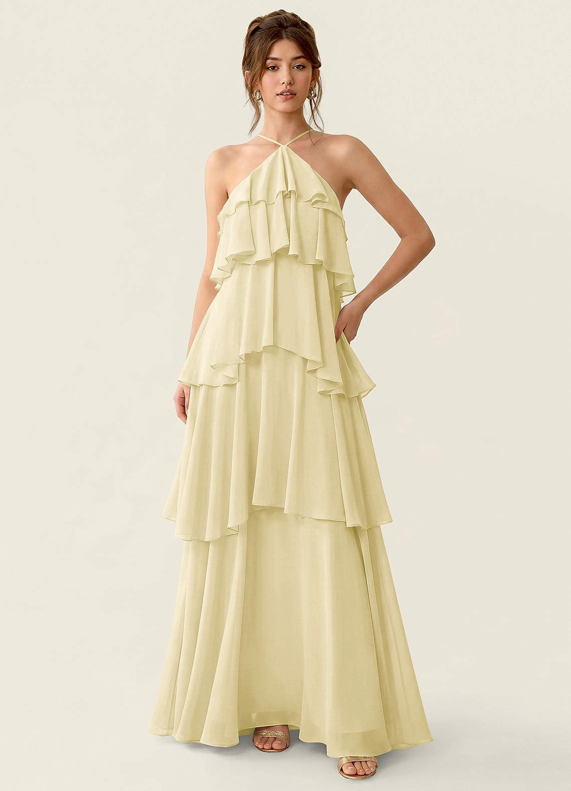 Nevieve A-Line Halter Chiffon Prom Dress in Lemon Sorbet