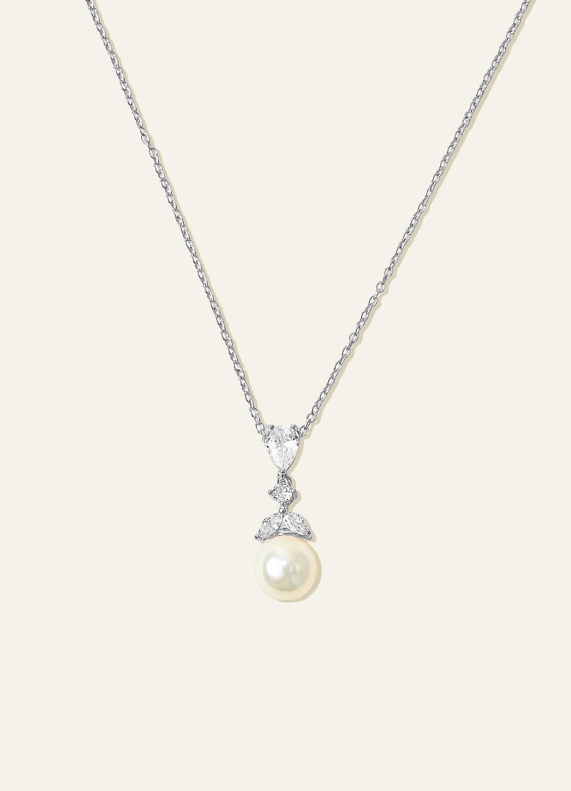 Pear Cut Pearl Drop Necklace — Silver — 图 3/15