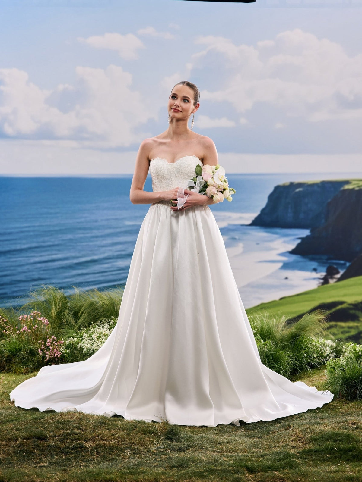 Pelina white A-Line wedding dress, detail and alternate angle