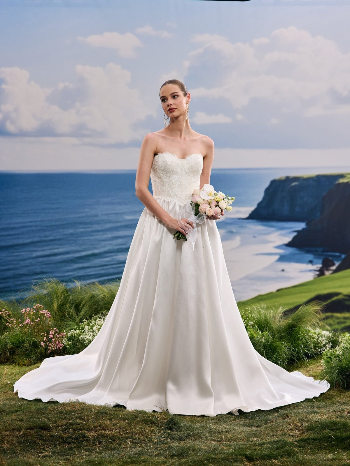 Pelina white A-Line wedding dress, detail and alternate angle