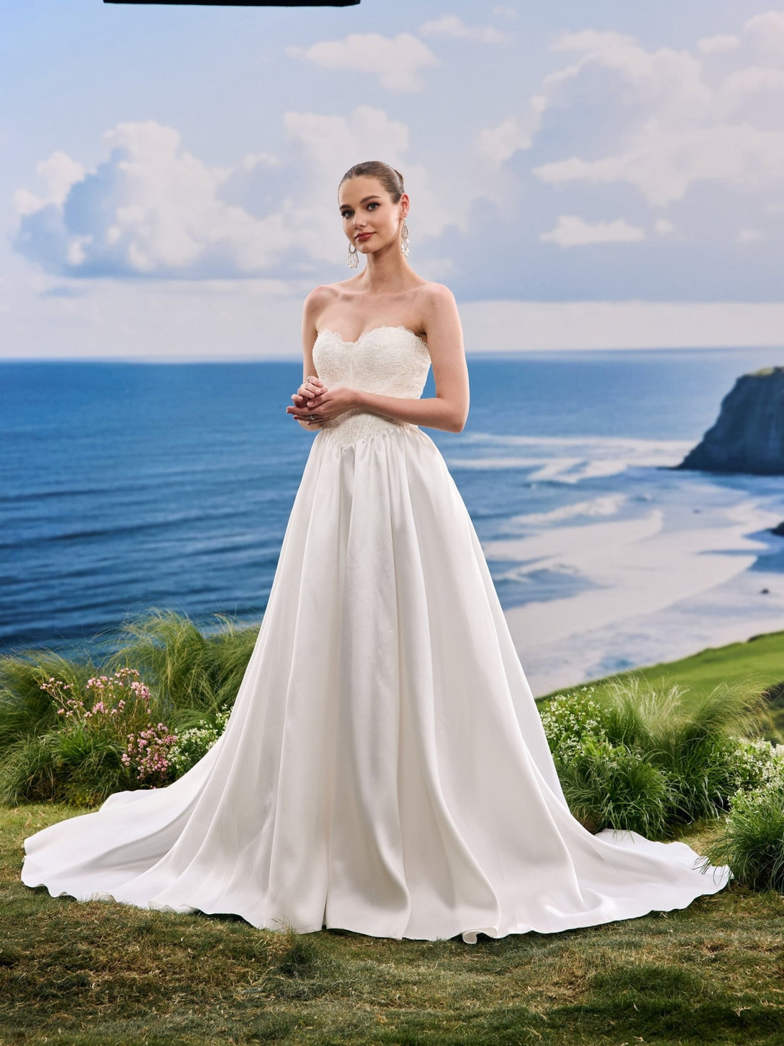Pelina white A-Line wedding dress, detail and alternate angle