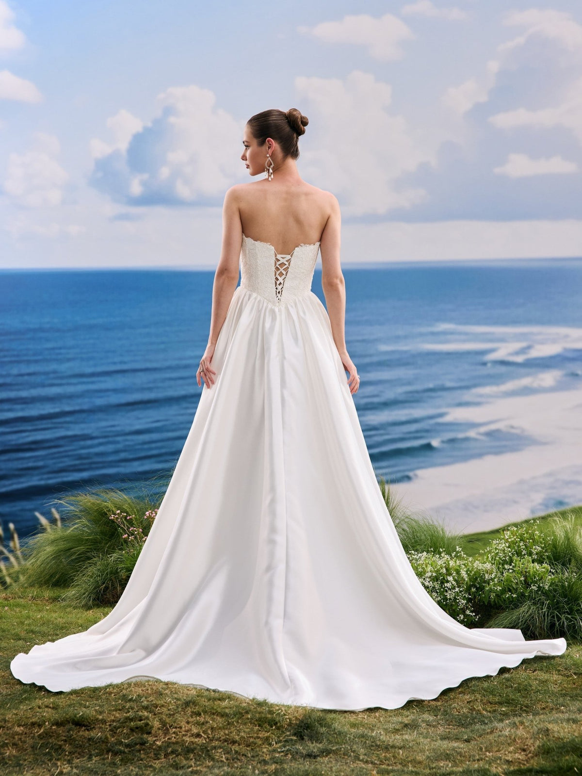 Pelina white A-Line wedding dress, back view