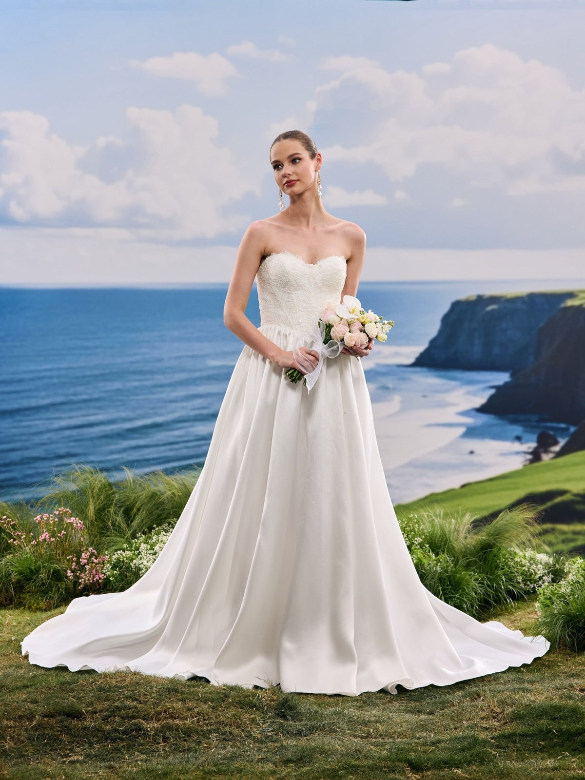 Pelina white A-Line wedding dress, detail and alternate angle